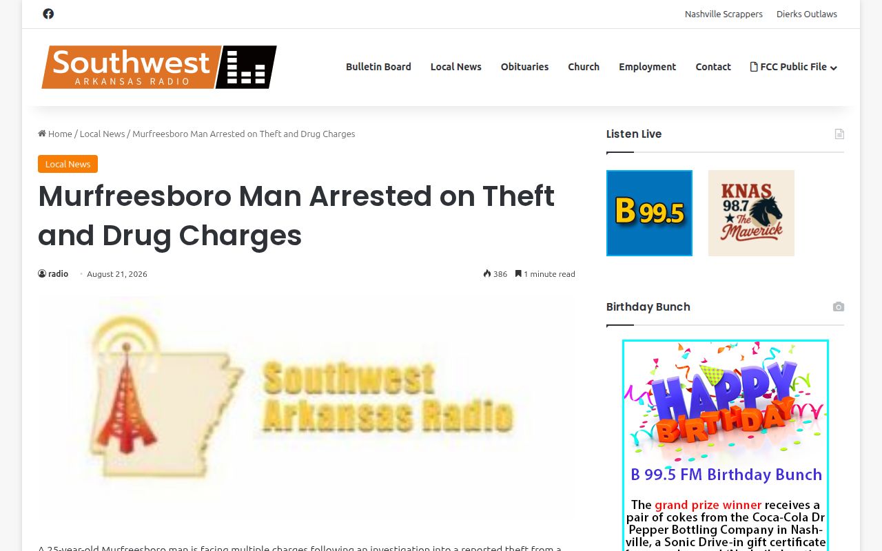 Southwest Arkansas Radio article concerning a reported Murfreesboro arrest
